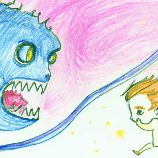 Image of a picture of a child running away from a big monster with a long tail and sharp teeth