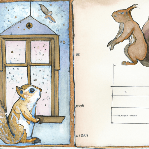 Image of a picture of a small squirrel standing in front of an old cabin