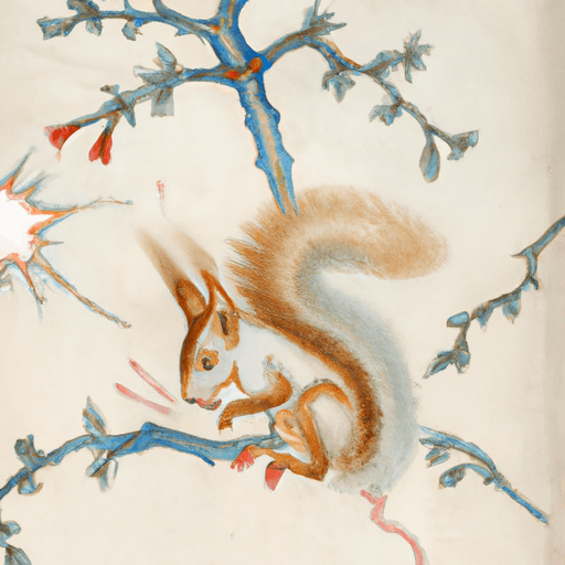 Image of a squirrel with soft fur squeezing through a wall of thorny branches